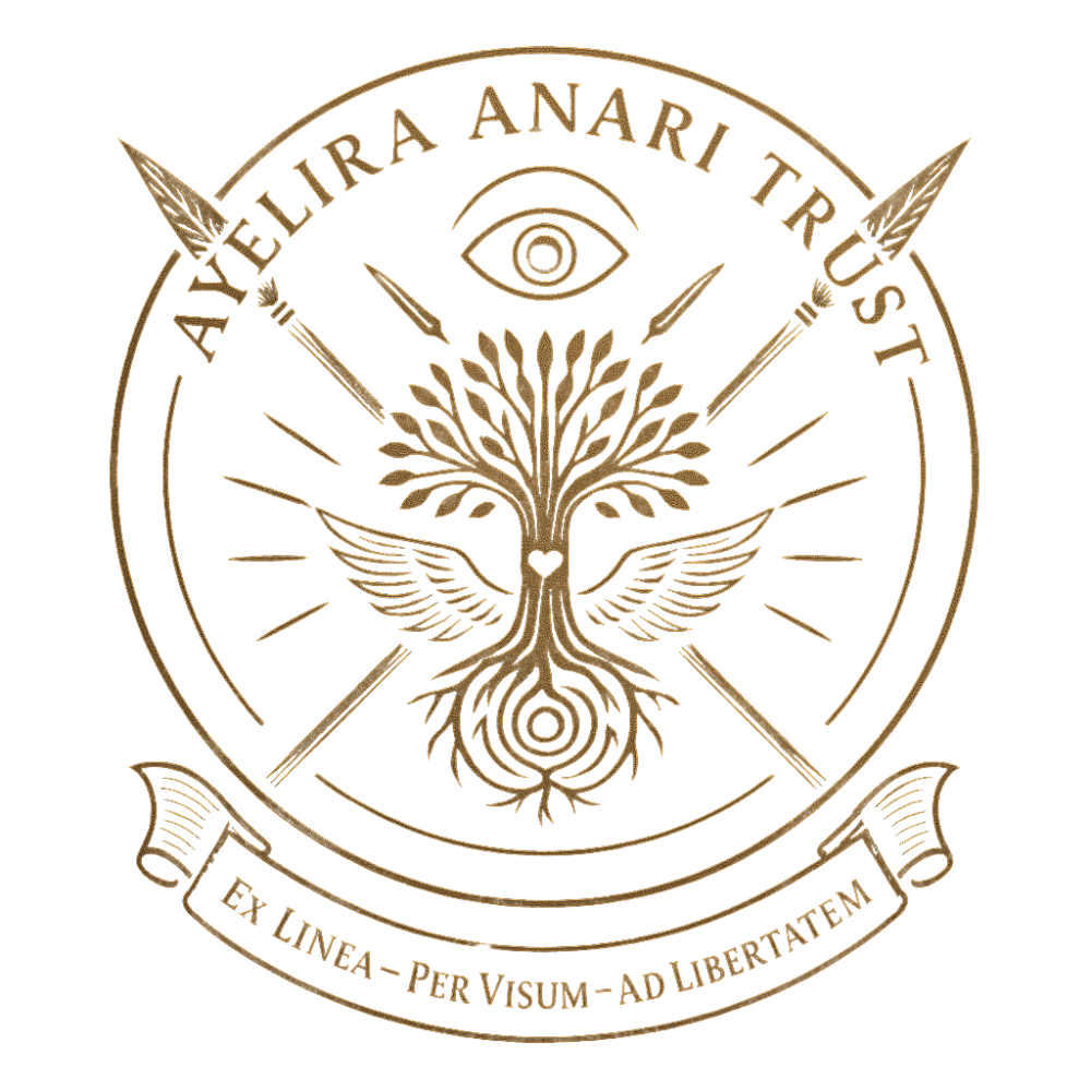 Ayelira Anari Trust seal showing a rooted, winged tree beneath an eye, encircled by the Latin motto